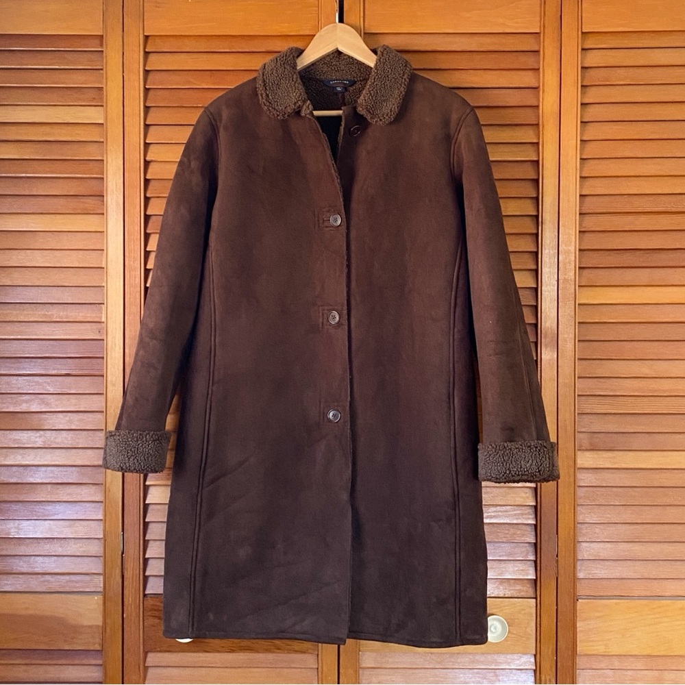 Lands' End Coat Women's Size Medium Faux Suede Sherpa Brown Long Button Up Front